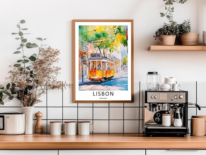 Contemporary room setup featuring a watercolor Lisbon wooden print by MapYourDreams, capturing a sun-drenched summer morning atmosphere with bright chartreuse leaves.
