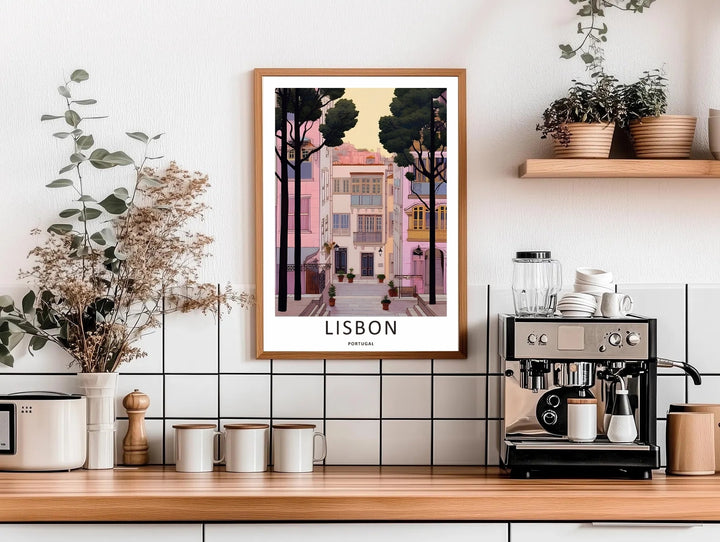 Editorial product view of a framed Lisbon wall art print by MapYourDreams, displaying a serene hidden alleyway walkway beneath a soft evening sky wash.
