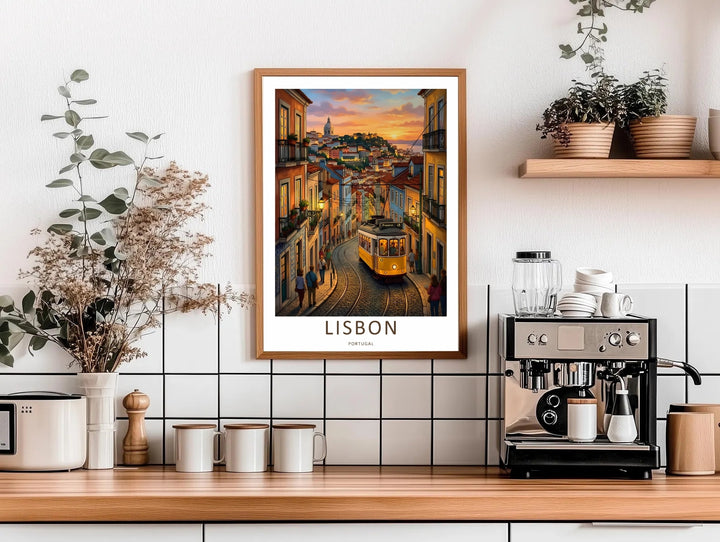 Contemporary room setup with an unframed Lisbon graphic print by MapYourDreams. The artwork features sharp horizontal lines of historic apartment facades alongside the curved roof of a classic yellow tram car.