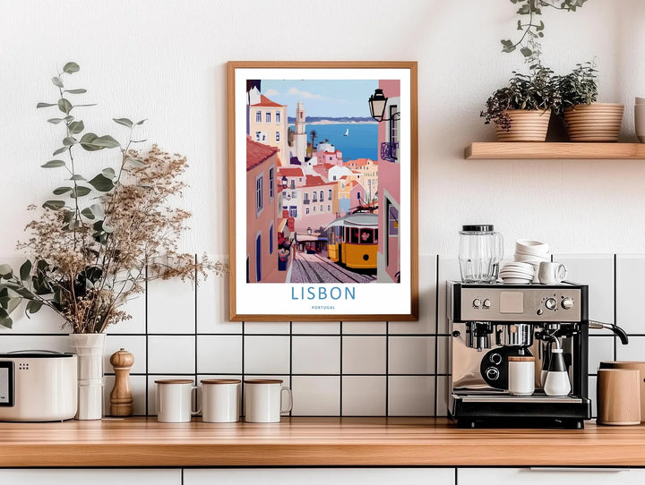 Editorial product shot of a framed Lisbon art print by MapYourDreams, displaying a historic yellow trolley car navigating a steep cobblestone hill climb.
