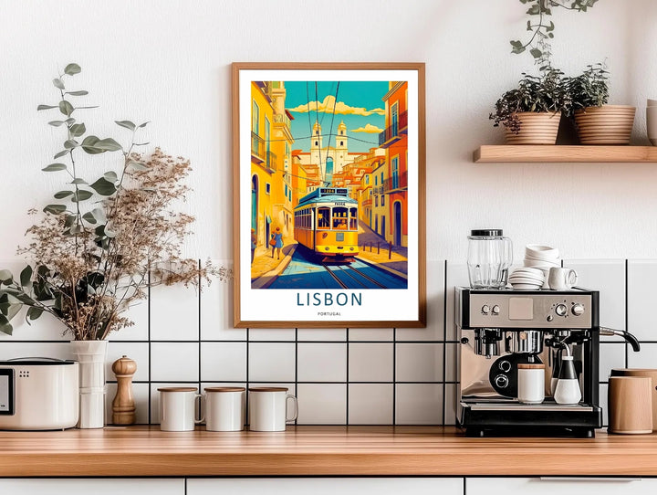 Atmospheric Lisbon travel print highlighting the unique color harmony of a seaside capital. A bright mustard trolley contrasts with detailed window shutters and deep charcoal pavement grading.