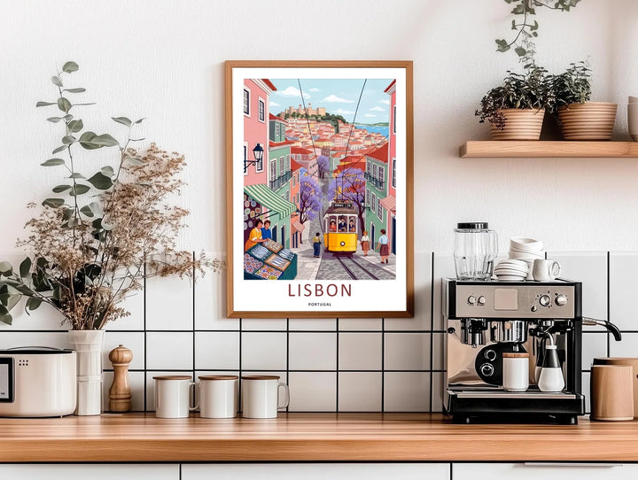 Contemporary room display showing an unframed Lisbon cityscape poster by MapYourDreams, capturing a panoramic view of terracotta roofs leading out to a blue river.