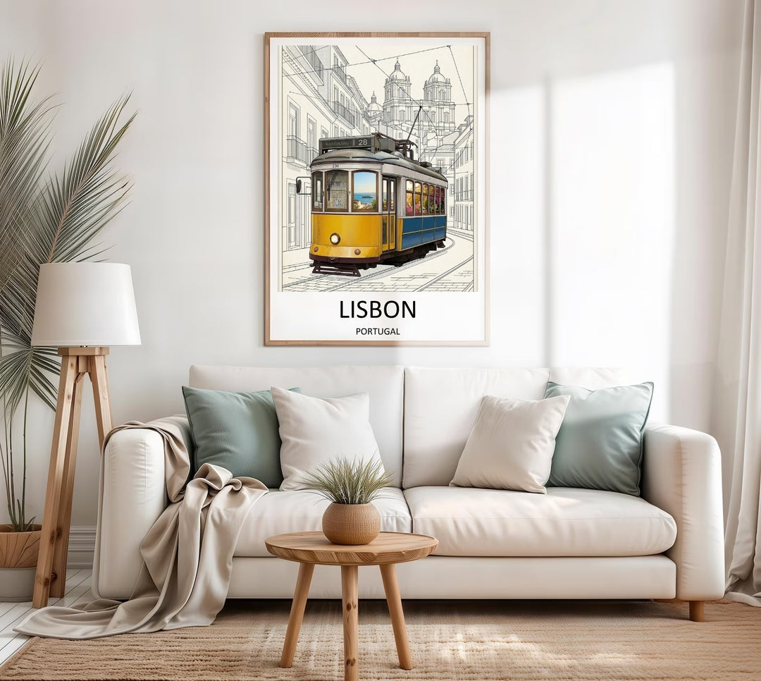 Museum quality travel print of Portugal featuring a yellow streetcar on steel tracks, tailored as a sophisticated statement piece for a modern minimalist or organic contemporary room.