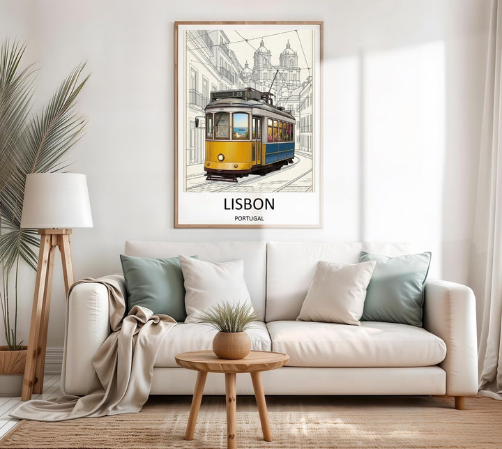 Museum quality travel print of Portugal featuring a yellow streetcar on steel tracks, tailored as a sophisticated statement piece for a modern minimalist or organic contemporary room.