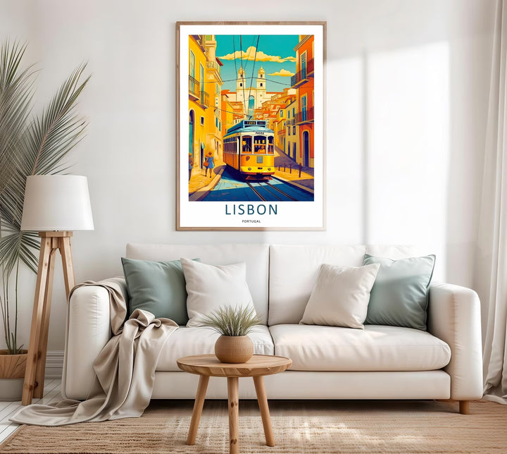 Museum-style presentation of a framed Lisbon print. The illustration uses blocked shading to depict a winding alleyway, an antique streetcar, and pedestrians dressed in casual summer attire.