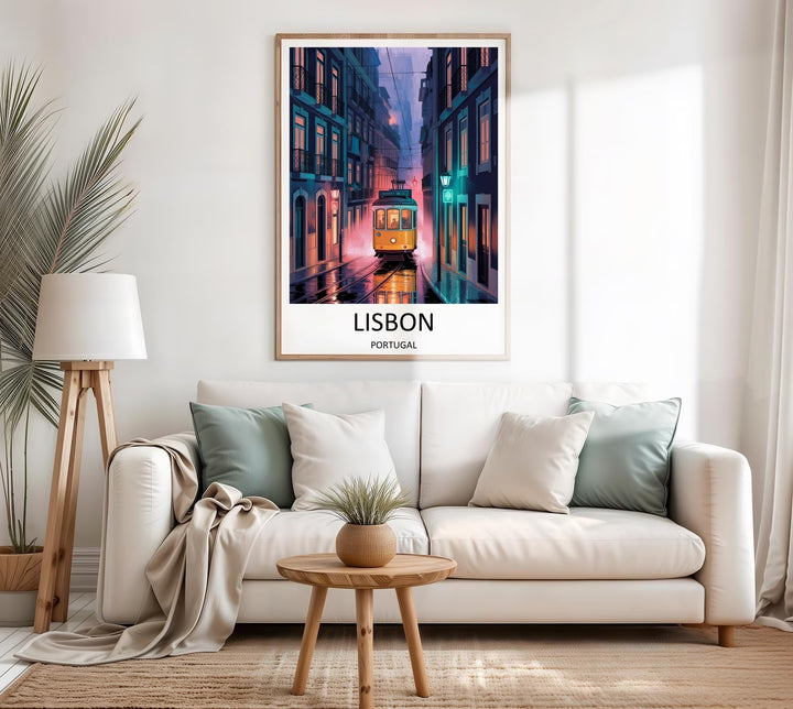 Sleek black framed canvas print of a Portugal travel design with a yellow tram car and minimalist line art architectural background accents.