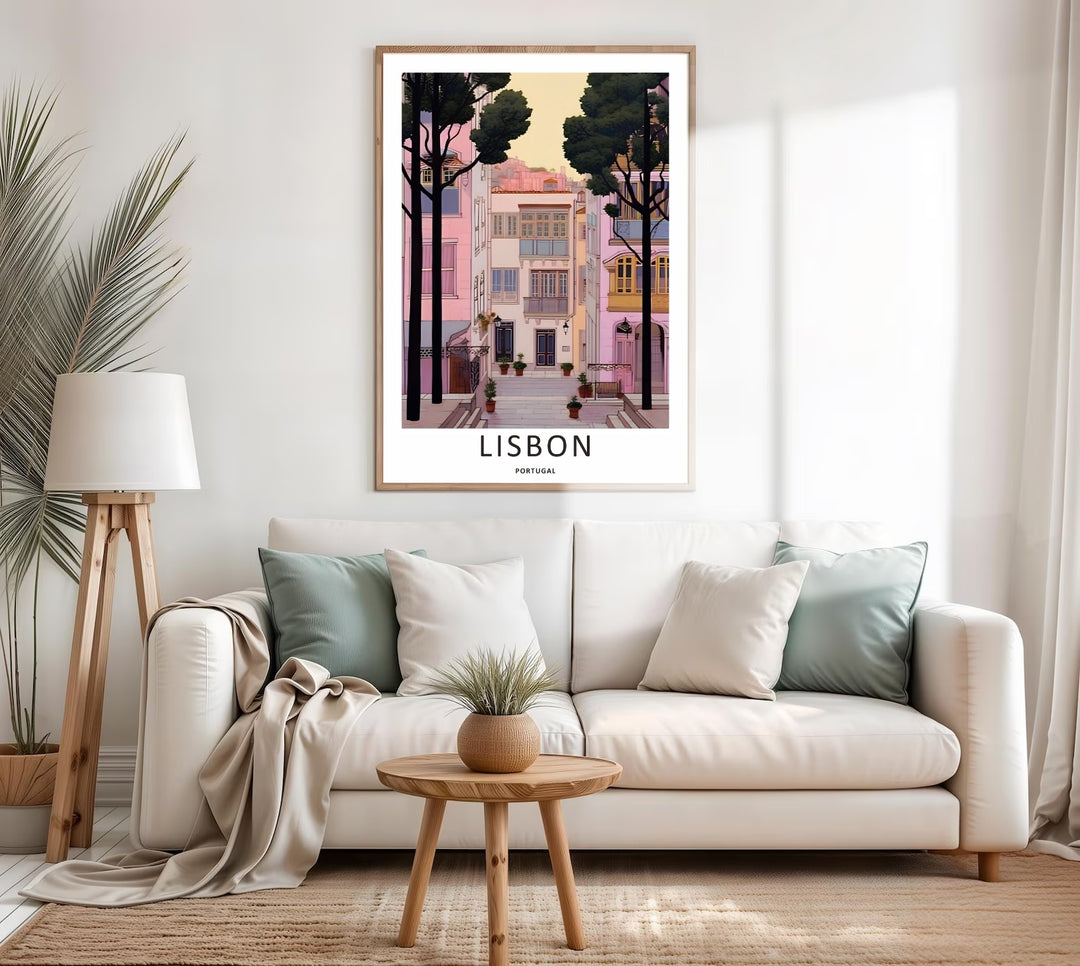 Linear perspective study of a Lisbon vector print from MapYourDreams, tracking a narrow residential passage flanked by tall, slender trees with dark green leaves.
