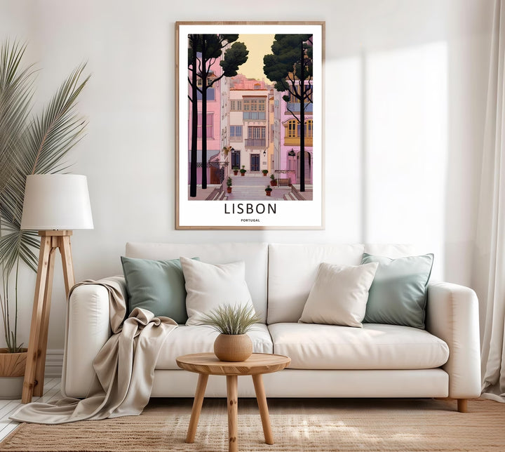 Linear perspective study of a Lisbon vector print from MapYourDreams, tracking a narrow residential passage flanked by tall, slender trees with dark green leaves.