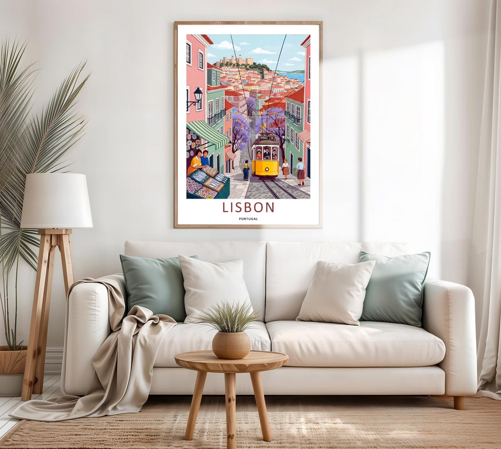 Atmospheric Lisbon travel print from MapYourDreams, highlighting the soft color harmony between powder pink building facades and blooming lavender trees on a hill.