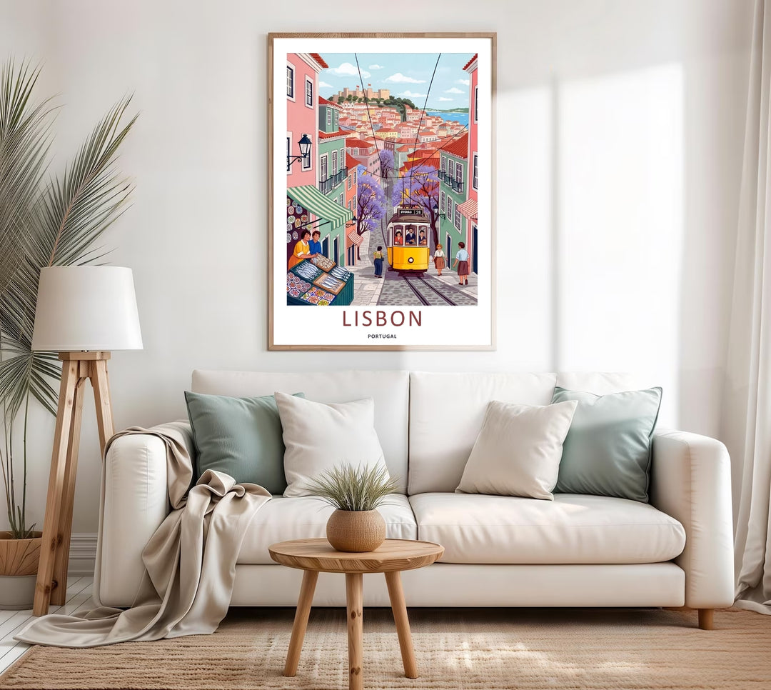 Atmospheric Lisbon travel print from MapYourDreams, highlighting the soft color harmony between powder pink building facades and blooming lavender trees on a hill.