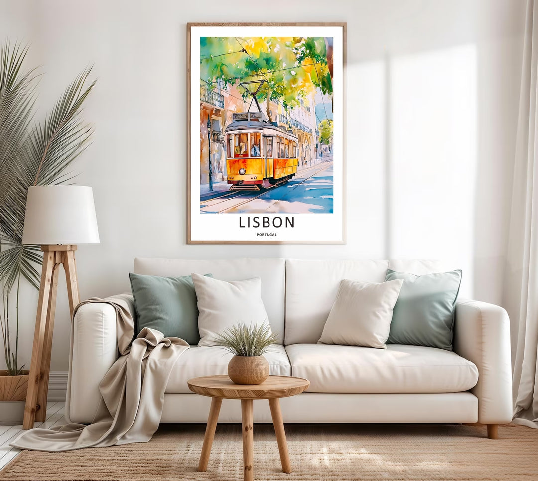 Atmospheric Lisbon fine art poster from MapYourDreams, highlighting the soft watercolor color washes of golden ocher, warm cream, and cool blue reflection shadows.