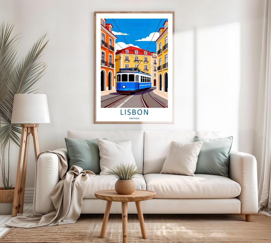 Atmospheric Lisbon art print from MapYourDreams, highlighting the high-contrast color harmony between deep blue shadows and a bright canary yellow apartment block.