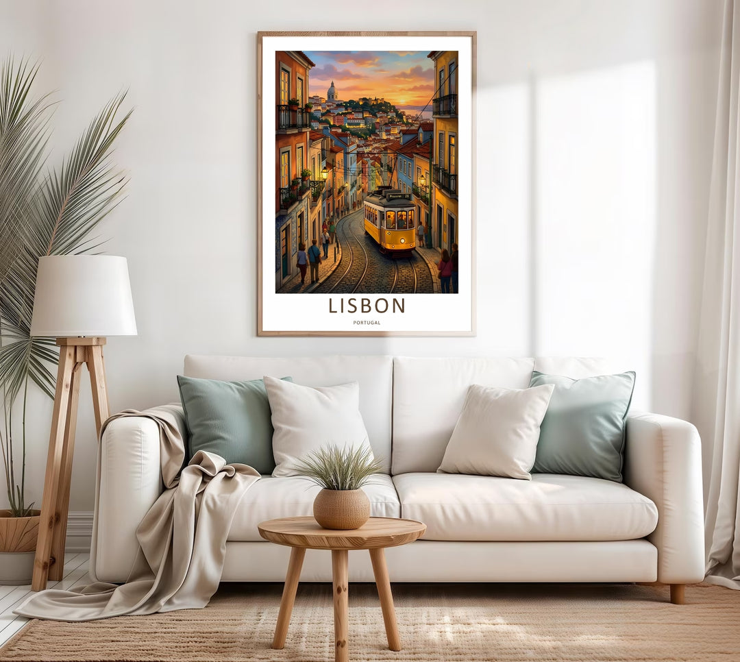 Atmospheric Lisbon travel art print from MapYourDreams, highlighting the precise color harmony where warm mustard-yellow building walls contrast with cool teal-blue shadows on deep charcoal pavement grading.