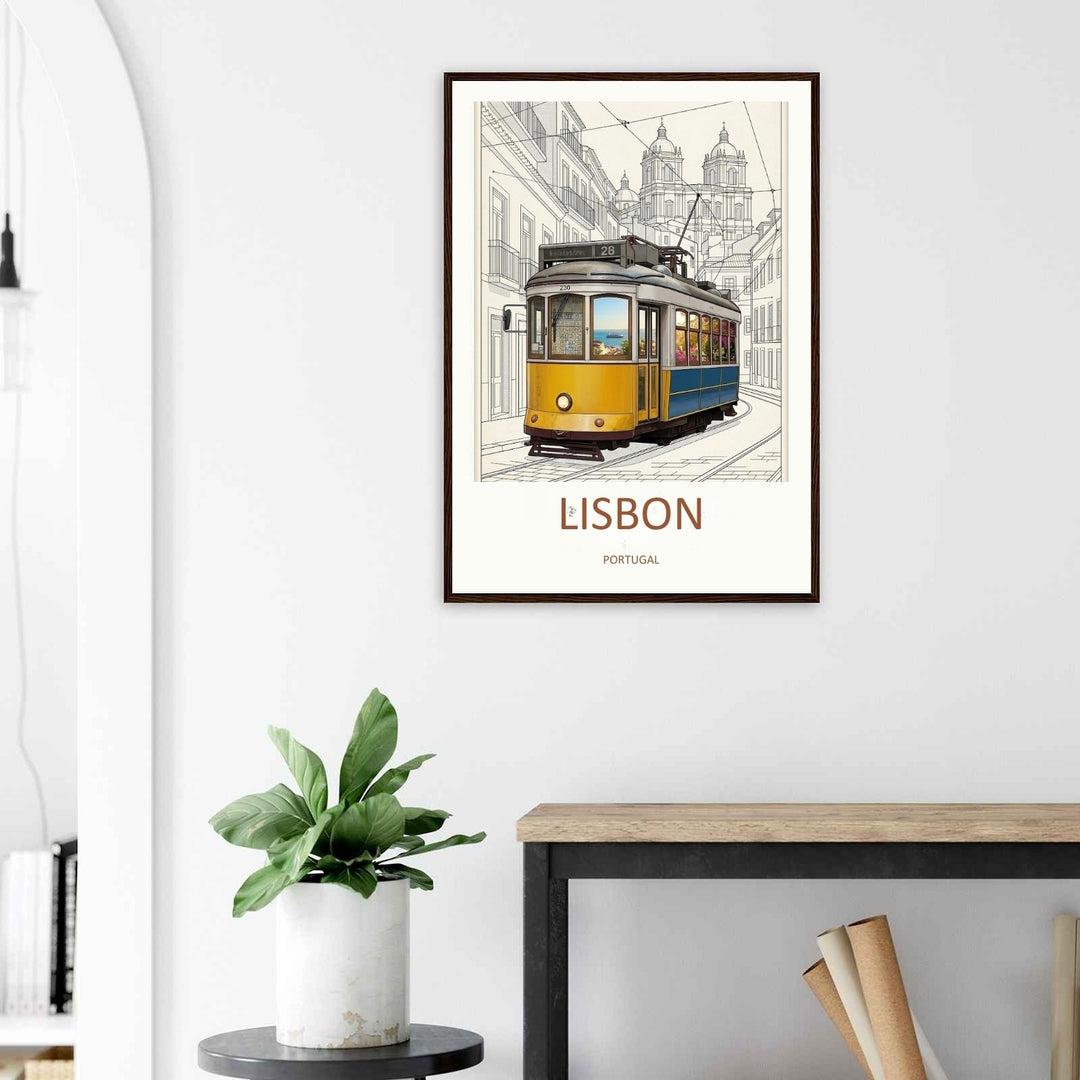 High-end travel poster with bold, modern uppercase typography reading Lisbon Portugal centered perfectly within a crisp white gallery border beneath a minimalist line art illustration.
