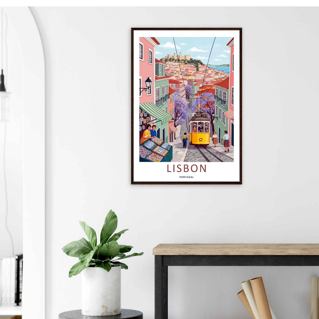 Museum-style presentation of a canvas Lisbon print by MapYourDreams, showcasing the graphic details of medieval fortress walls overlooking an urban public transit street.