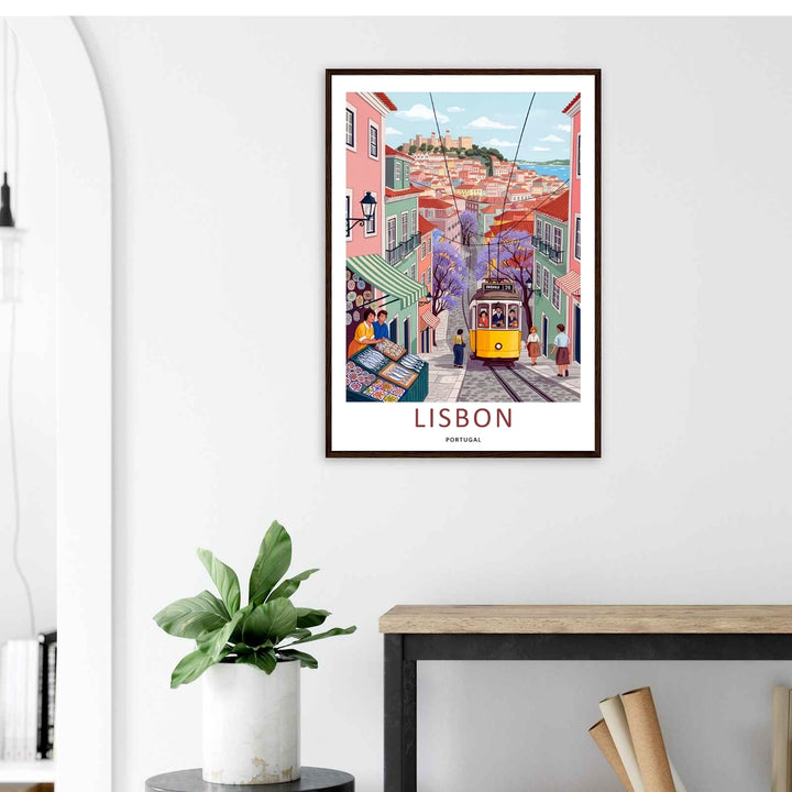 Museum-style presentation of a canvas Lisbon print by MapYourDreams, showcasing the graphic details of medieval fortress walls overlooking an urban public transit street.
