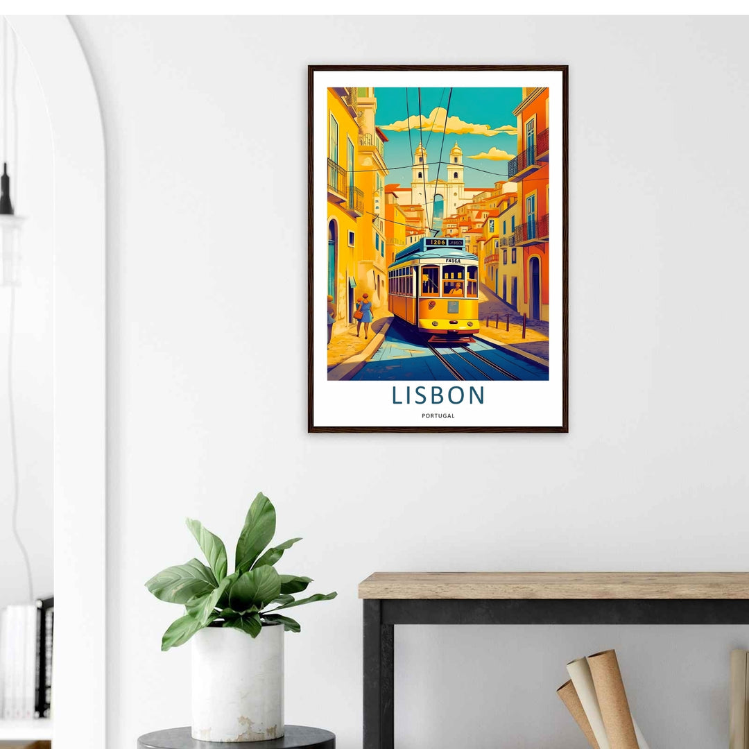 Artistic travel wall art showcasing the historic Lisbon architecture of the Alfama district. Saturated orange facades and a bold yellow trolley create an energetic, sunny daytime landscape.