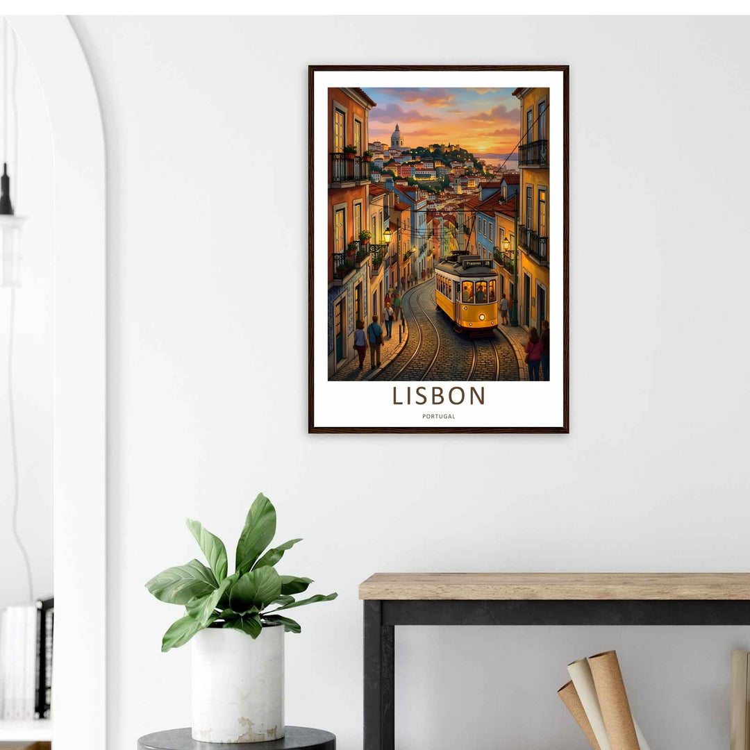Close-range framing of the bottom margin on an exhibition-style Lisbon print. Clean typography reads LISBON PORTUGAL directly beneath a detailed graphic vector transit scene from the designers at MapYourDreams.