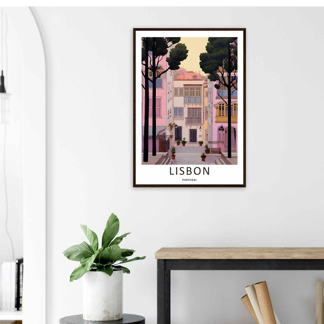 Contemporary room display showing an framed Lisbon architecture poster by MapYourDreams, capturing a calm, minimalist aesthetic with soft pink building facades.