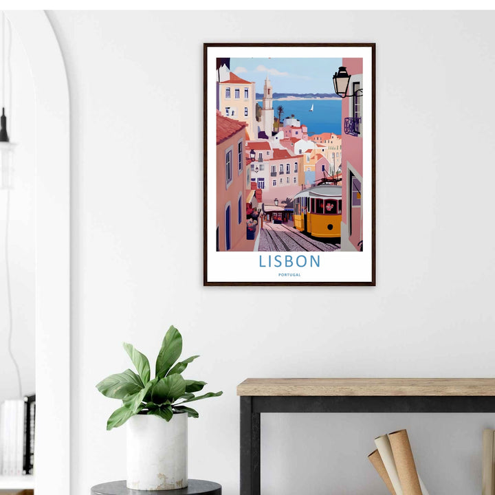 Atmospheric Lisbon travel poster from MapYourDreams, emphasizing the stunning color balance between warm terracotta roof tiles and cool blue seaside waves.