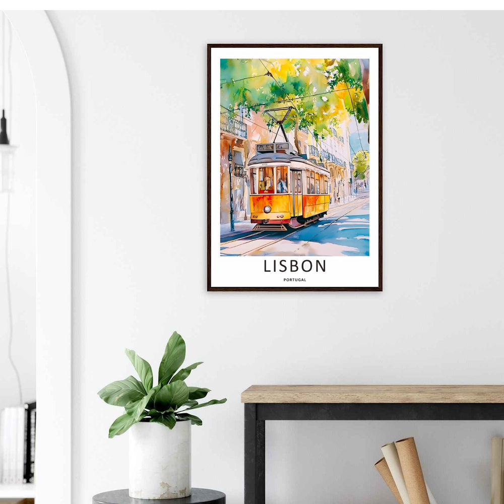 Museum-style presentation of a watercolor Lisbon print by MapYourDreams, detailing fine paint splatters and wet-on-wet shading of a classic public transit vehicle.