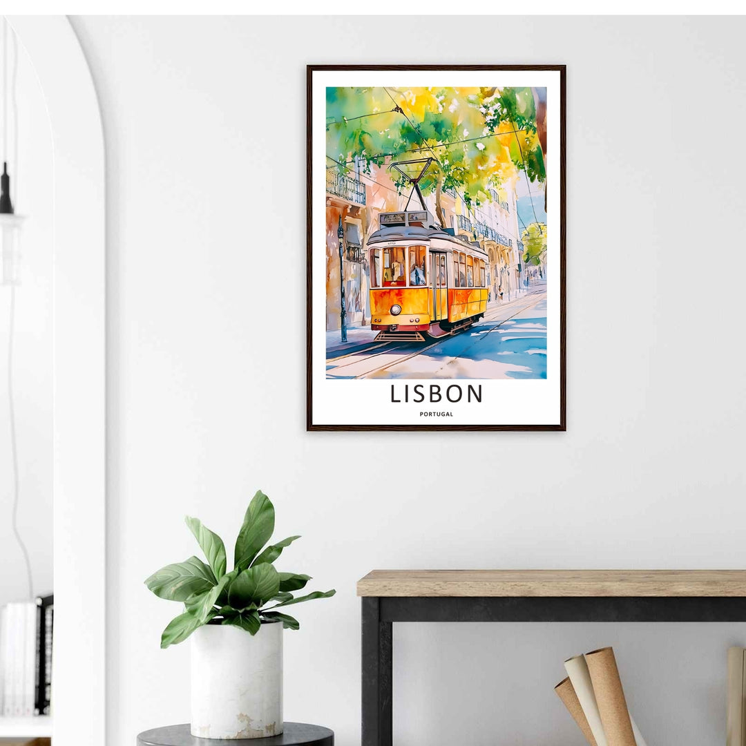 Museum-style presentation of a watercolor Lisbon print by MapYourDreams, detailing fine paint splatters and wet-on-wet shading of a classic public transit vehicle.