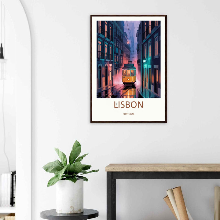 High-end framed wall art print of a classic Portugal night scene, showcasing a colorful tram casting bright light reflections on wet pavement.