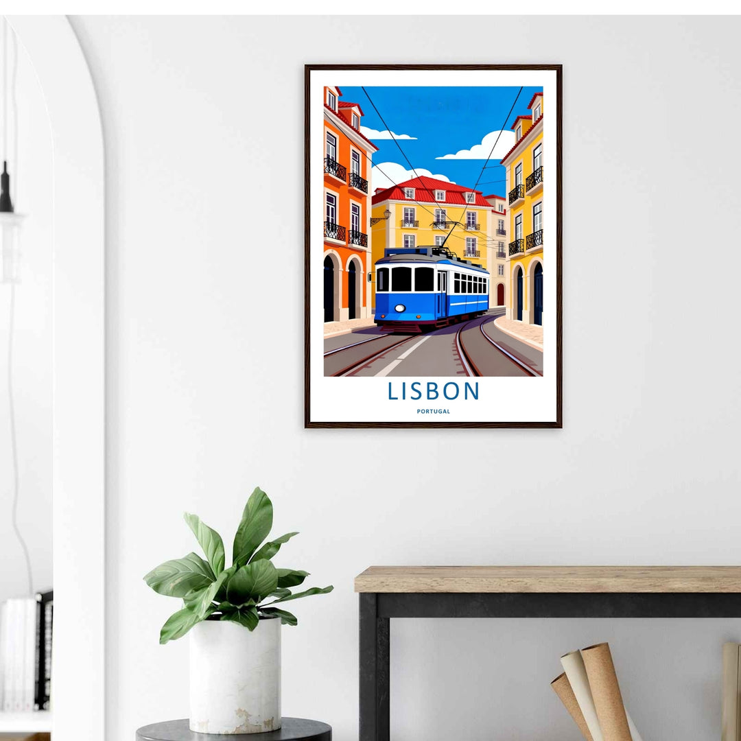 Museum-style presentation of a canvas Lisbon print by MapYourDreams, detailing a modern minimalist illustration of classic European city public transit.