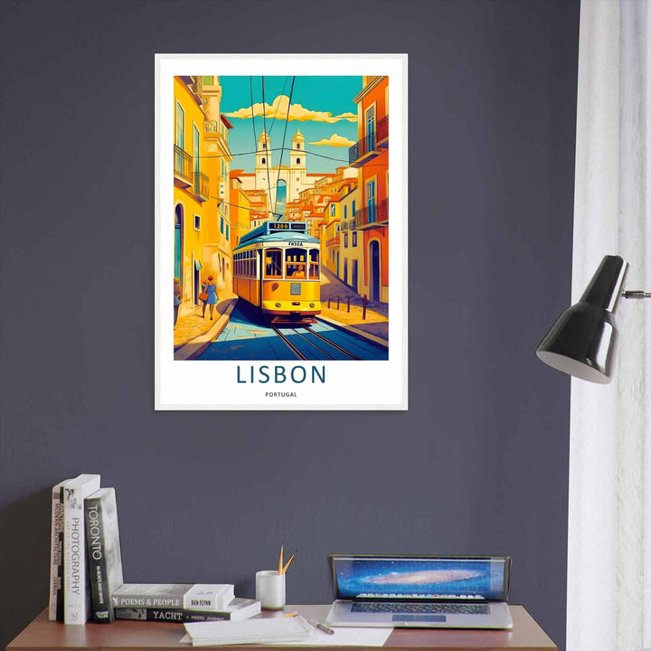 Symmetrical perspective study of a Lisbon city scene featuring a classic electric carriage framed by parallel balconies, terracotta rooftops, and twin towering church steeples in the distance.