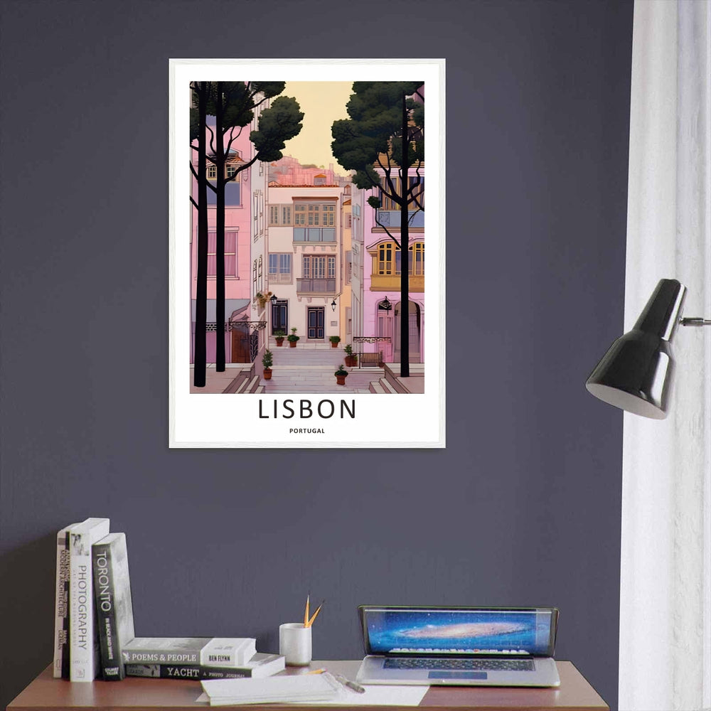 Atmospheric Lisbon travel print from MapYourDreams, emphasizing the stunning color balance between dusty rose walls, warm cream paint, and deep green foliage.