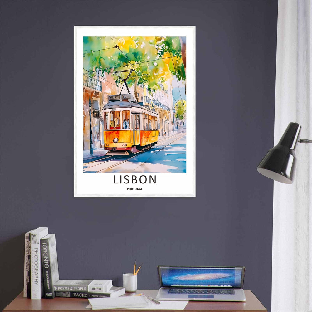 Eye-level view of a fluid Lisbon watercolor art print from MapYourDreams, displaying a hand-painted yellow electric streetcar navigating steel rails past old balconies.