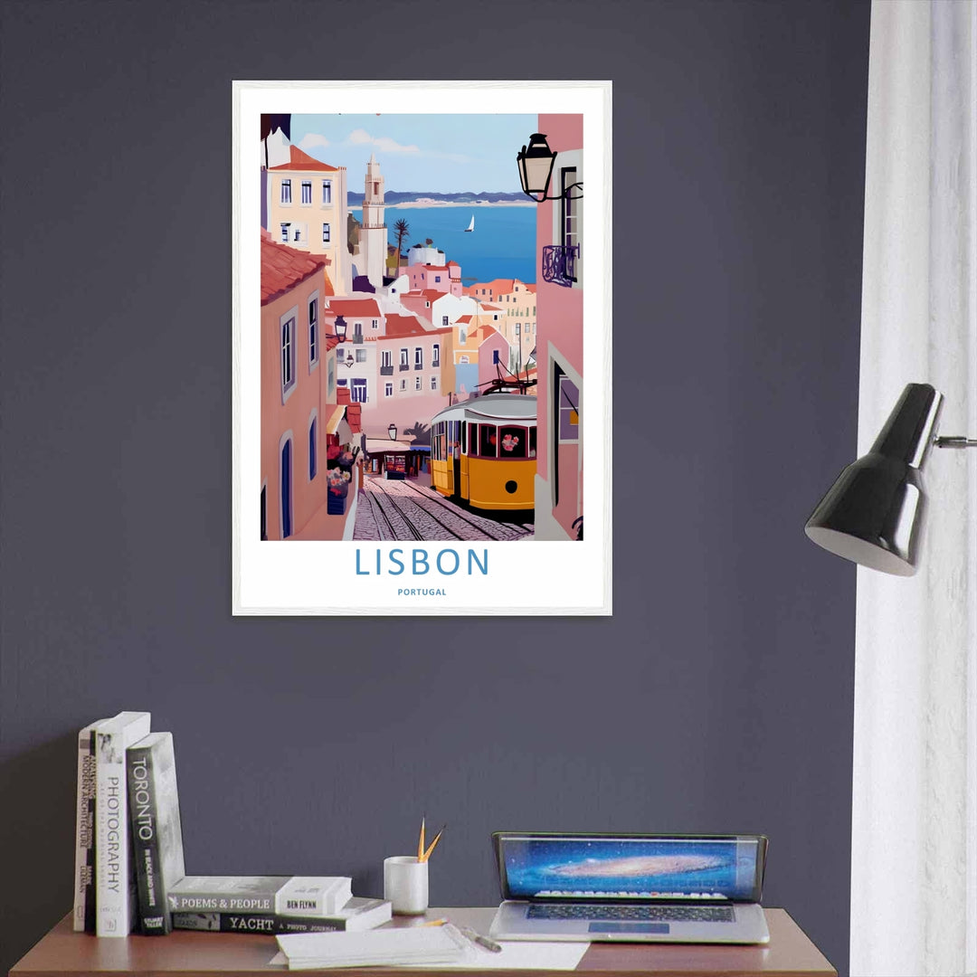 High-contrast close-up on a Lisbon illustrated skyline piece from MapYourDreams, highlighting the sharp lines of a vintage iron street lamp against pink facades.