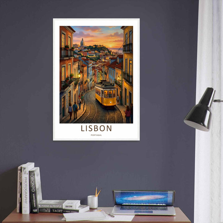 Eye-level view of a detailed graphic illustration print from MapYourDreams, featuring the winding steel tracks of the legendary Tram 28 flanked by glowing yellow window lights and street lamps at dusk.