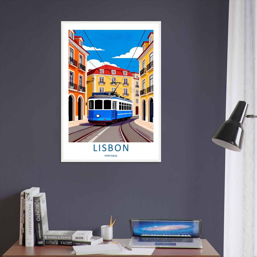 Close-range framing of the clean typography border on a Lisbon illustration print from MapYourDreams, highlighting a sleek layout below a bold geometric graphic.