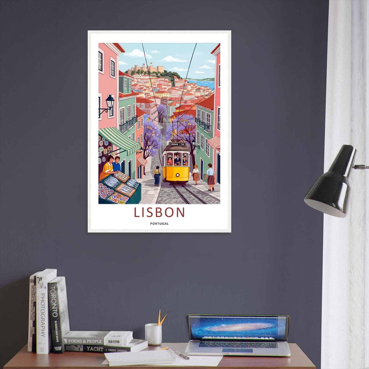 High-contrast close-up on a Lisbon graphic print from MapYourDreams, featuring the detailed illustration of local pedestrians walking past blossoming purple jacaranda trees.