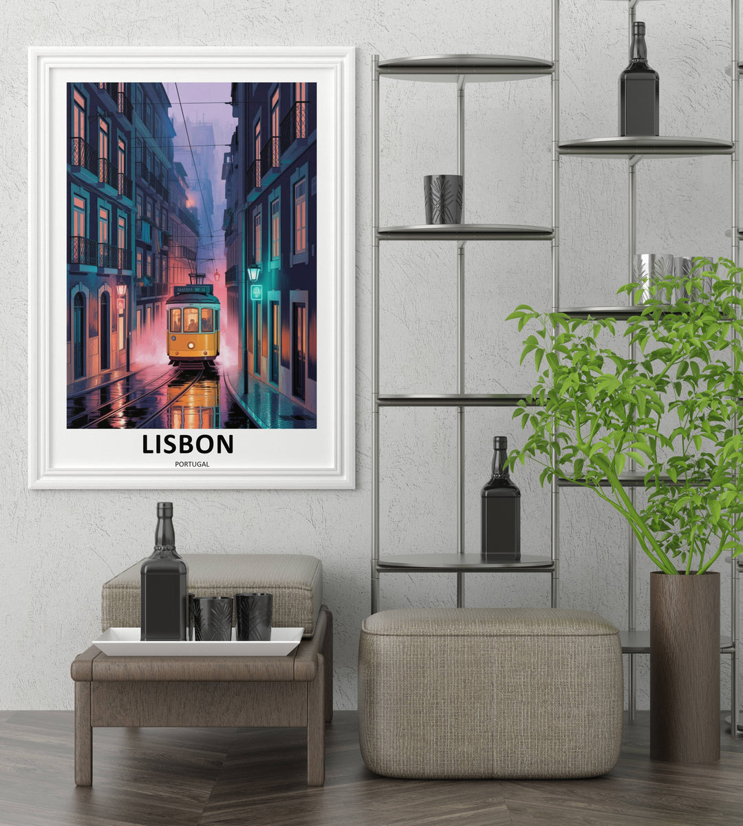 Premium vertical travel art poster of a glowing Lisbon tram with bold black typography reading Lisbon Portugal centered cleanly inside a white border.