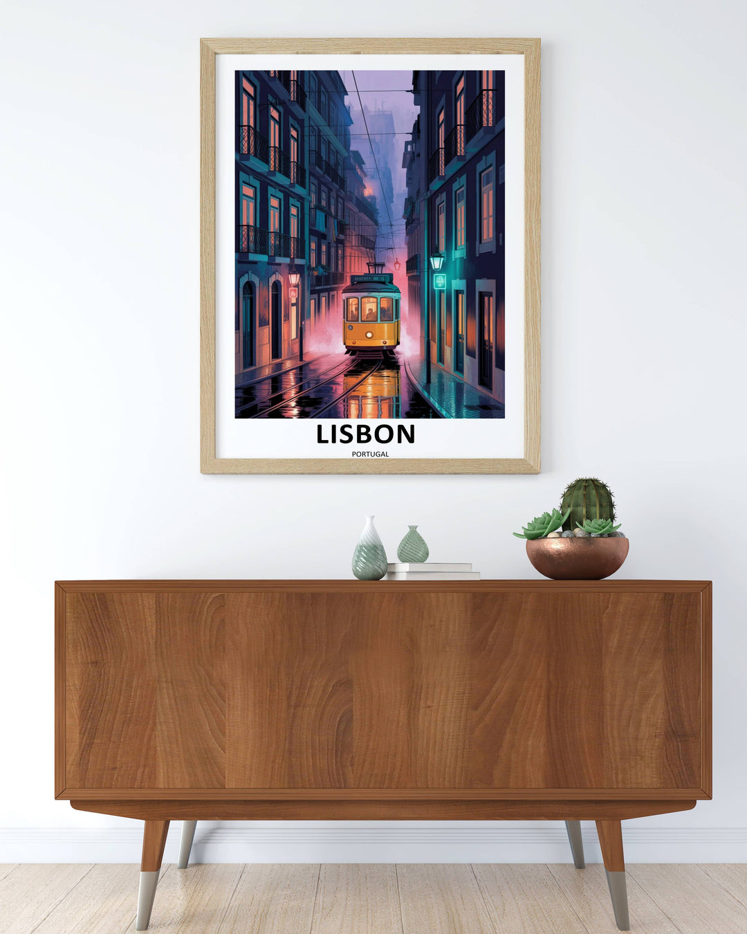 Editorial style Portugal art print showcasing a modern mixed-media composition of a textured historic yellow tram on a misty twilight street layout.