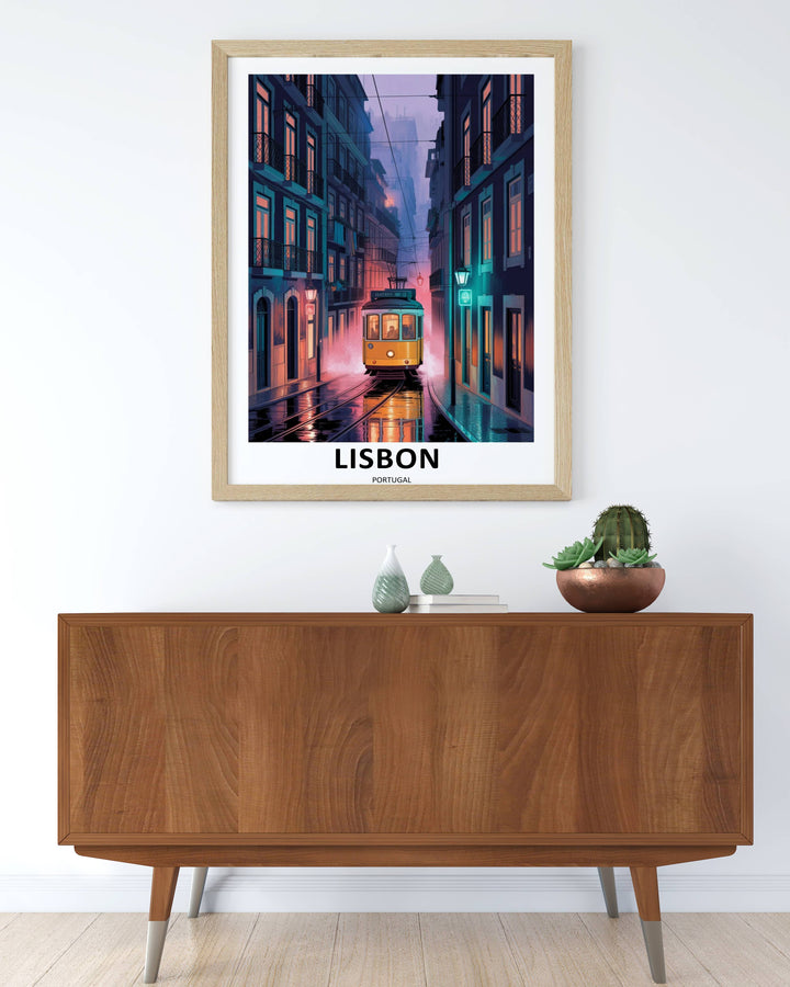 Editorial style Portugal art print showcasing a modern mixed-media composition of a textured historic yellow tram on a misty twilight street layout.