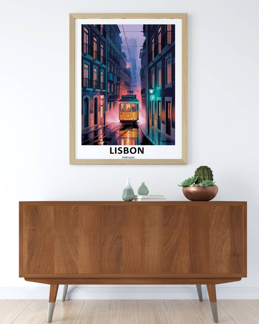 Editorial style Portugal art print showcasing a modern mixed-media composition of a textured historic yellow tram on a misty twilight street layout.