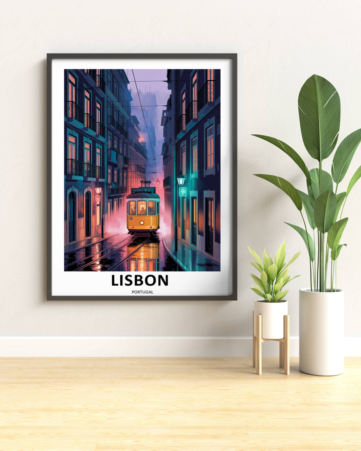 Boutique quality textured canvas wall decor of Lisbon, emphasizing rich dark purple tones, neon teal lamps, and a glowing vintage tram.