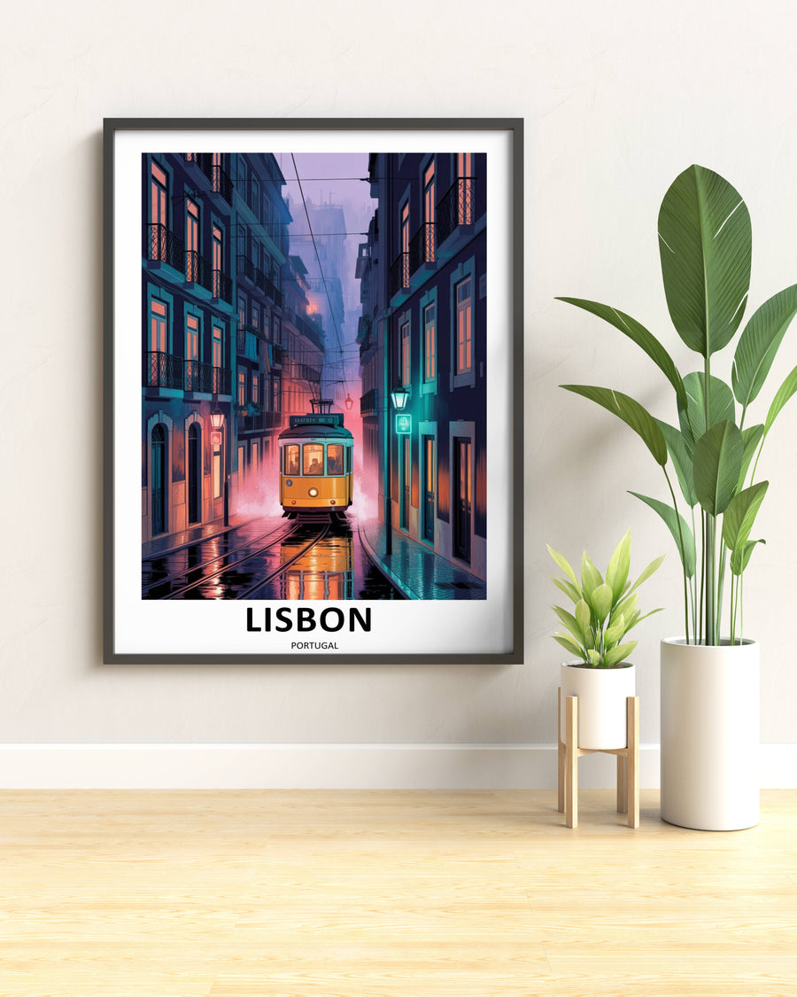 Boutique quality textured canvas wall decor of Lisbon, emphasizing rich dark purple tones, neon teal lamps, and a glowing vintage tram.