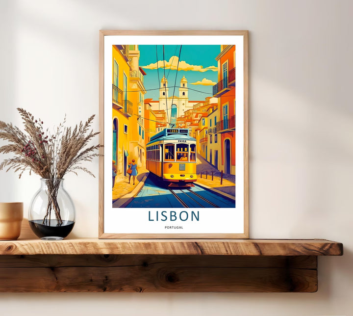 Geometric vector print detailing the overhead wiring structure and detailed architecture of Lisbon. Rich gold, deep indigo, and saturated coral tones create a bold contemporary focal point.