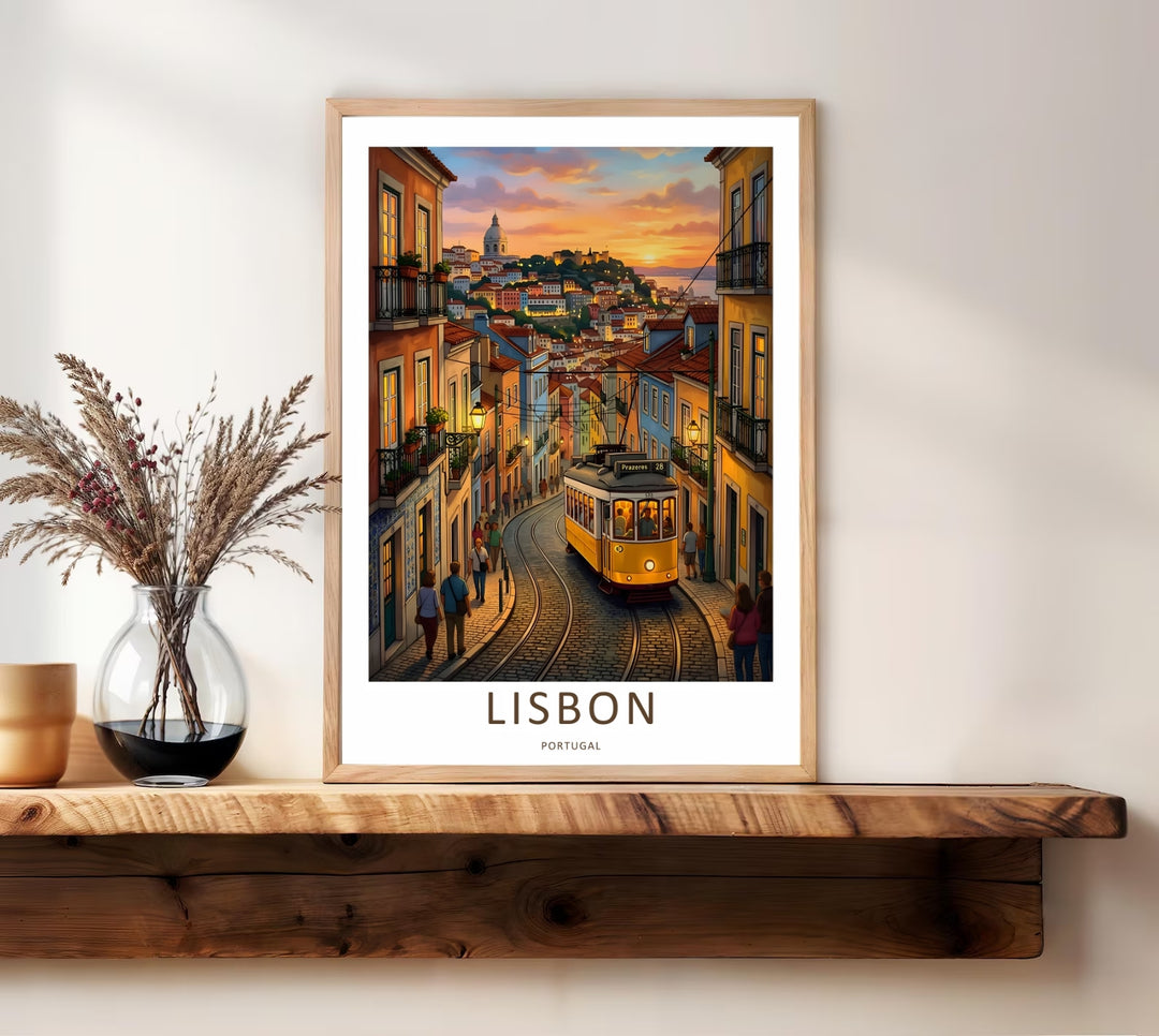 Symmetrical perspective study of a Lisbon street, illustrating a classic yellow public transit car framed by terracotta roofs and twin white dome steeples from MapYourDreams, under a fiery orange and pink sky.