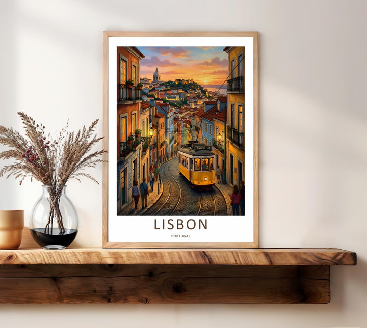 Symmetrical perspective study of a Lisbon street, illustrating a classic yellow public transit car framed by terracotta roofs and twin white dome steeples from MapYourDreams, under a fiery orange and pink sky.
