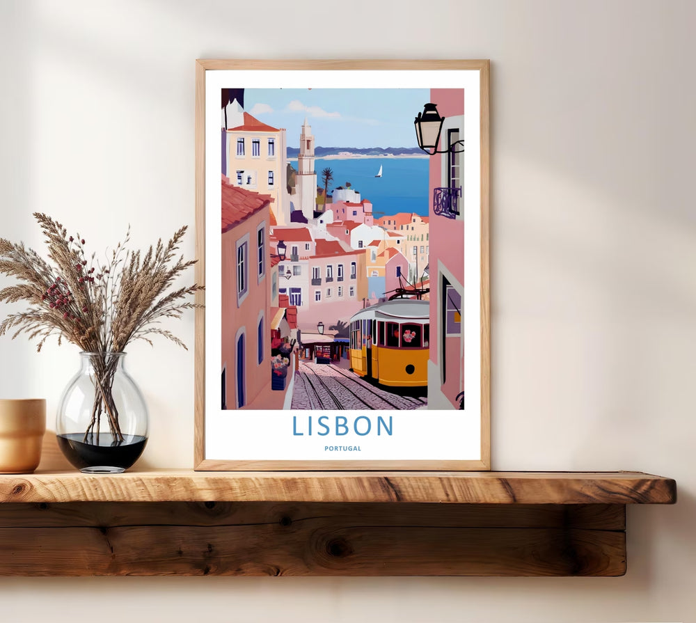 Symmetrical framing of a coastal Lisbon modern vector print by MapYourDreams, featuring terracotta-roofed homes and a white church tower against a soft blue sky.