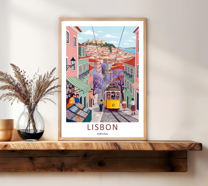 Editorial product view of a framed Lisbon wall art print by MapYourDreams, displaying a traditional fish vendor stall under a striped awning near tram tracks.
