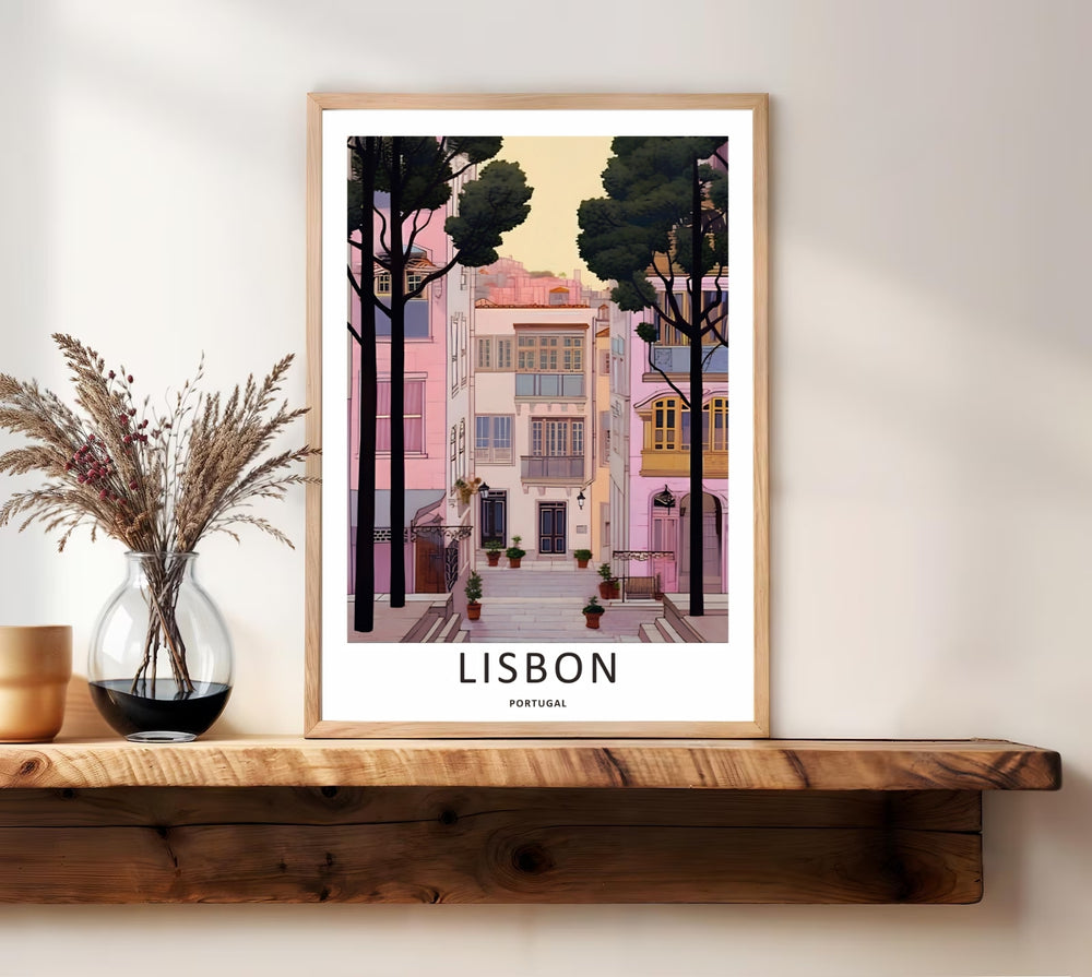 Symmetrical perspective of a pastel Lisbon hidden courtyard print by MapYourDreams, featuring multi-story pink and white apartment buildings with wrought-iron balconies.