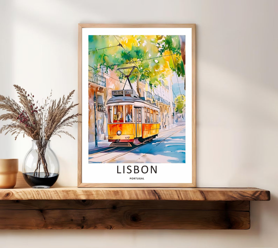 Editorial product shot of an unframed Lisbon watercolor print by MapYourDreams, showcasing the light-filled textures of an impressionist painting on fine art paper.