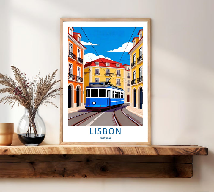 High-contrast close-up on a Lisbon modern vector print from MapYourDreams, highlighting the sharp black iron balconies against a vibrant tangerine apartment facade.