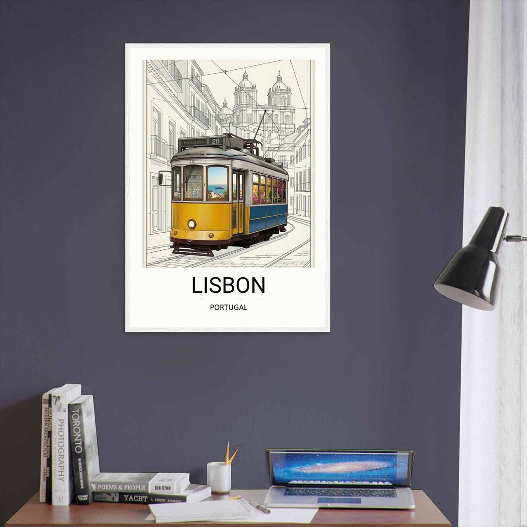 A striking architectural mixed-media design combining a hyper-detailed vintage tram cutout with a simple, elegant black ink sketching of cascading rooftops in Lisbon, Portugal.